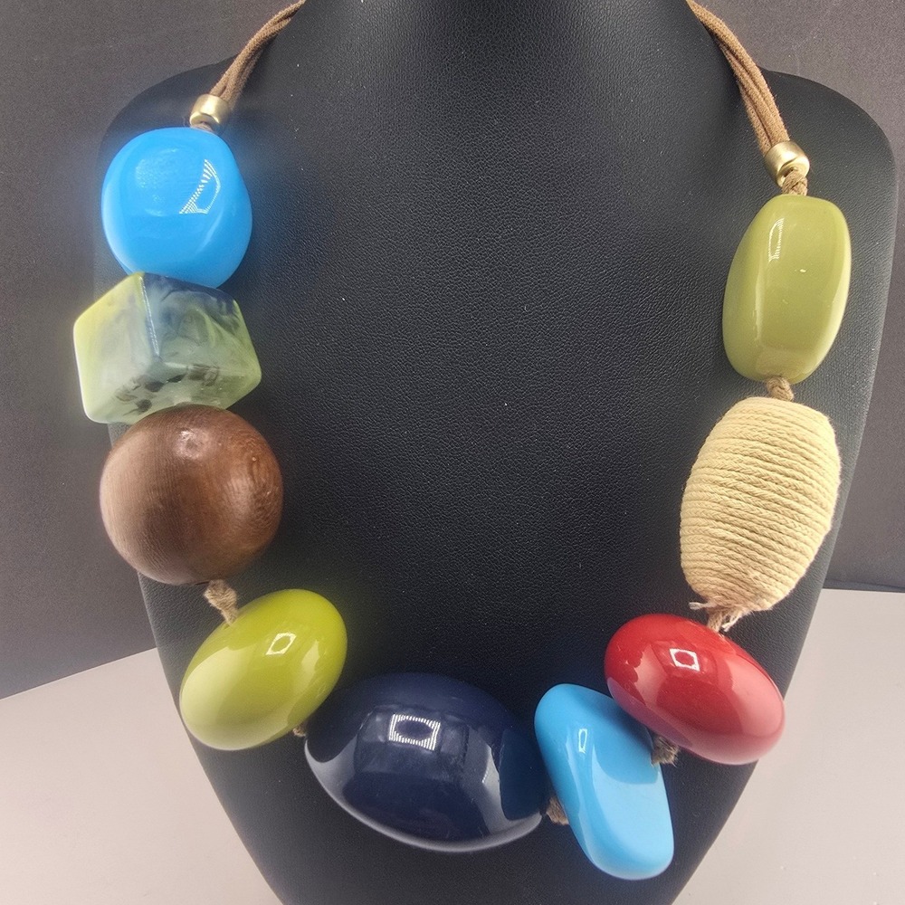 Chico's Necklace Multicolor Chunky Mixed Media Wood Resin Beaded 17in